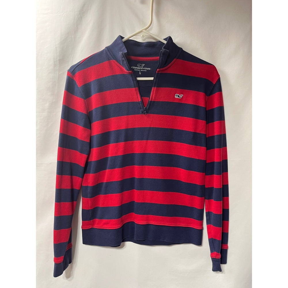 Vineyard Vines Boys Large 16 Quarter Zip Pullover Striped Navy Red Cotton Sweate